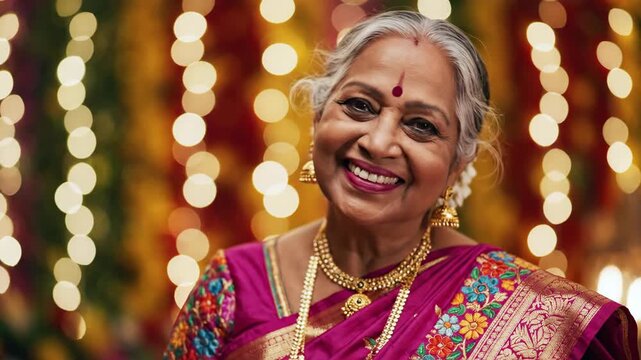 Joyful senior Indian woman celebrating in traditional pink saree.