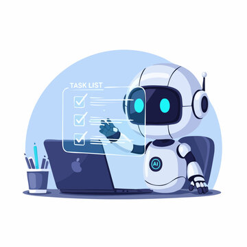 Cute chibi robot organizing task list on a digital interface.