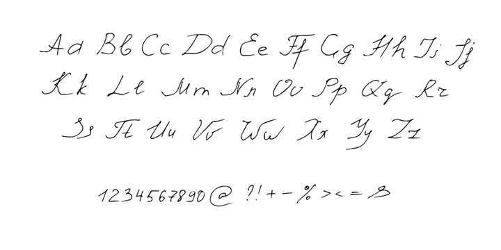 Handwriting English alphabet, script font.