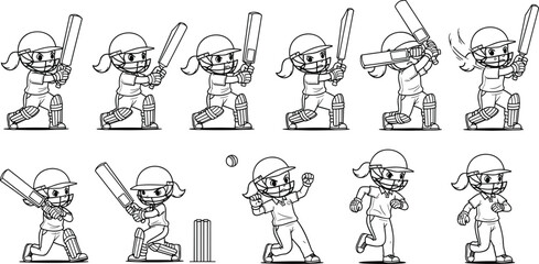 Obraz premium Professional Female Cricket Player Character Set Featuring Diverse Batting Stances, Bowling Actions, Fielding, and Running for Women’s Sports and Athletic Graphic Designs