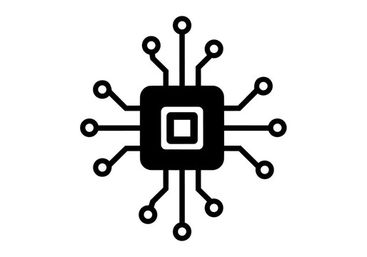 Black microchip with radiating circuit lines, isolated on transparent background