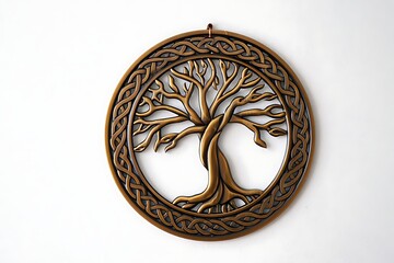 Naklejka premium Celtic tree of life symbol in circular ornament style. Intricate knot design with branches and roots, inspired by Irish mythology, isolated for decorative artwork.