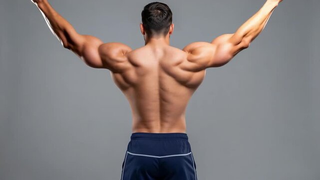 A man flexing his back muscles in a gym setting, showcasing the definition and strength of his upper body.
