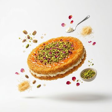 Middle Eastern kunafe dessert with pistachios and rose petals