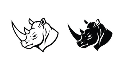 Aggressive rhinoceros head mascot icons shown in bold line art and solid black silhouette styles for wildlife conservation branding and strong animal sports team logo design elements on white © Urban