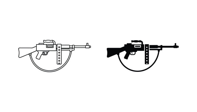 Military machine gun with strap icon in technical outline and solid black silhouette styles for tactical and historical gaming design