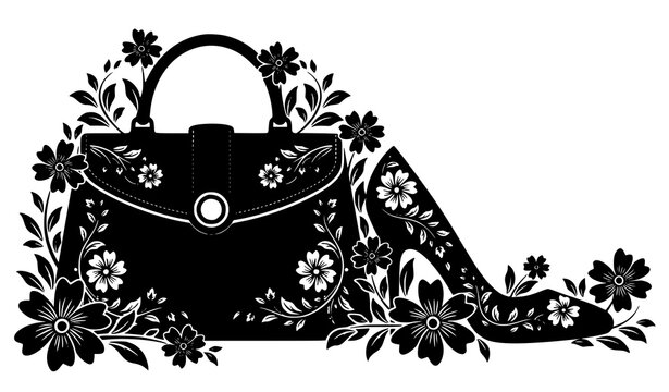 Stylized high heel shoes and handbag with floral frame silhouette vector in modern elegant fashion design isolated on white
