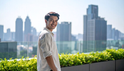 Obraz premium Portrait of a confident young man smiling on a sunlit rooftop terrace with a blurred city skyline. Perfect for representing modern urban lifestyle, success, and professional growth.