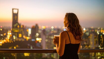 Obraz premium Serene woman with a drink enjoys a sunset view from a luxury rooftop terrace. Glowing city bokeh and cinematic lighting evoke success, travel, and modern urban lifestyle themes.