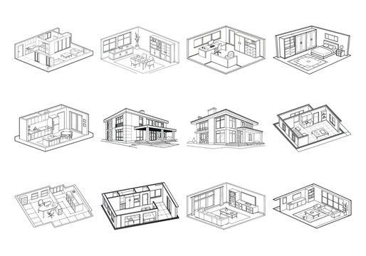 Isometric architectural floor plans with furniture layouts in black and white isometric floor plan
