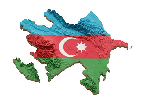 3d topographic map of azerbaijan with national flag texture isolated on transparent background