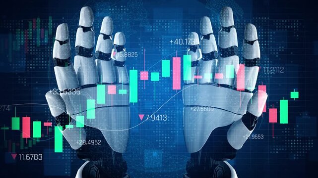Futuristic Robotic Hands Gesturing Over Digital Financial Charts Representing Artificial Intelligence in Trading and Investment Markets Sigmoid