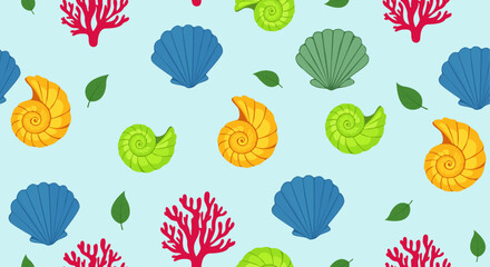 Seashell and coral pattern on light blue background © MdDulal
