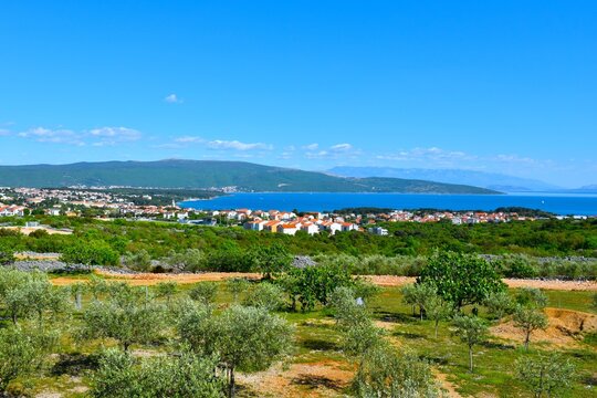 Panoramic view of the town of Krk and a bay at the Adriatic sea coast in Kvarner, Croatia