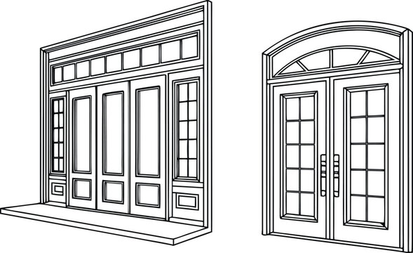 Black and white C A D blocks of single and double door with windows CAD block single door