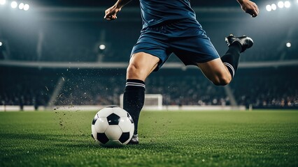Obraz premium Soccer player kicking ball in action-packed stadium match highlighting athleticism and team spirit