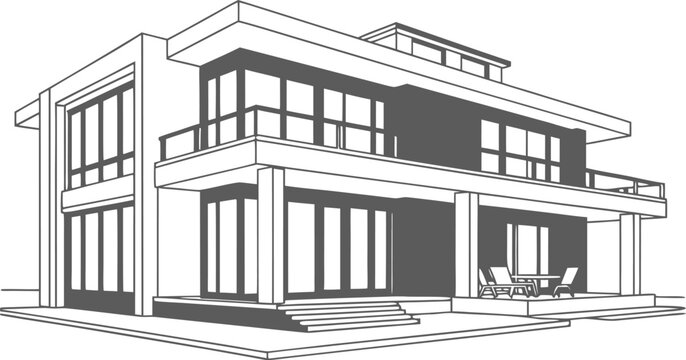 Luxury modern villa C A D elevation in grayscale with detailed windows and doors