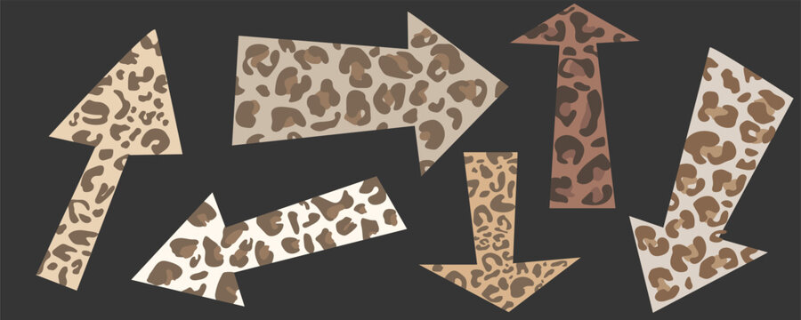 Leopard print painted arrows.Collection of arrows in doodle style for web design, mobile apps, interface and more.