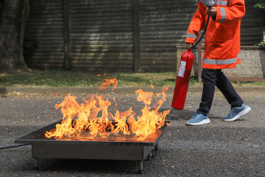 fire prevention. corporate safety - exercise during a firefighting course