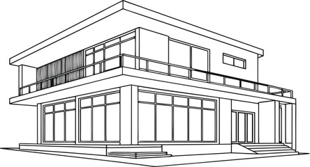 Detailed grayscale C A D elevation of modern two story house with gable roof CAD elevation view © Vector Art