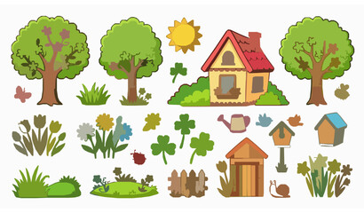 Cute cartoon garden elements set with house trees sun flowers clover and birdhouse isolated vector illustration © Mohammad