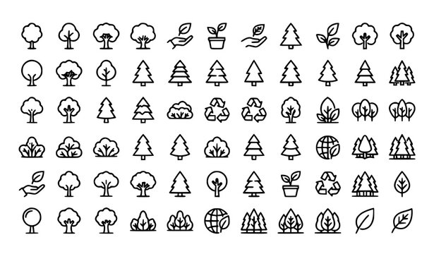 Ecology and forest line icons mega set with trees leaves plants and recycling symbols outline vector illustration