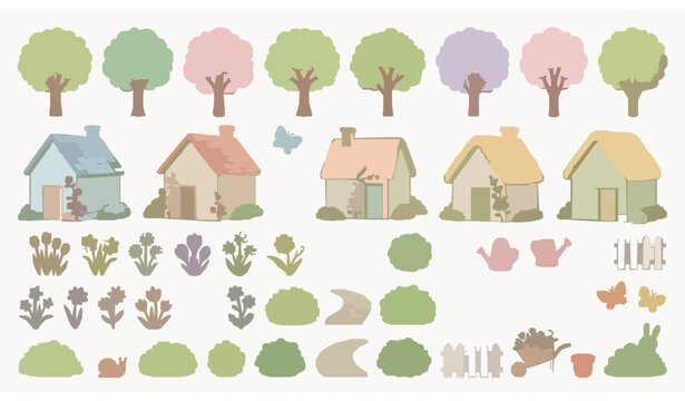 Cute pastel village creator elements set with tiny cottage houses trees spring flowers flat vector illustration