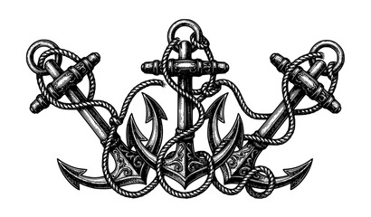 Vintage nautical emblem with three crossed anchors and marine rope hand drawn engraving vector illustration © Mohammad