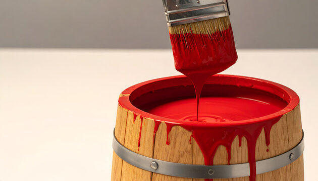 Close-up of a Paintbrush Dipped in Vibrant Red Paint from a Wooden Bucket.