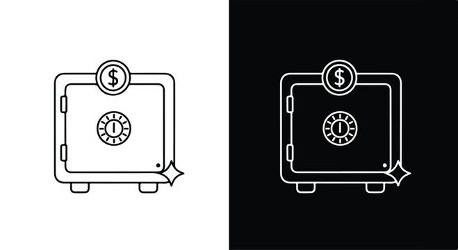 Minimalist line art illustration of a secure safe with a combination lock and dollar sign symbol on the front, black