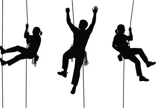 Professional Rock Climbing Silhouette Set Featuring Mountaineers Rappelling and Descending for Outdoor Adventure Extreme Sports and Mountain Wilderness Graphic DesignsProfessional Rock Climbing Silhou