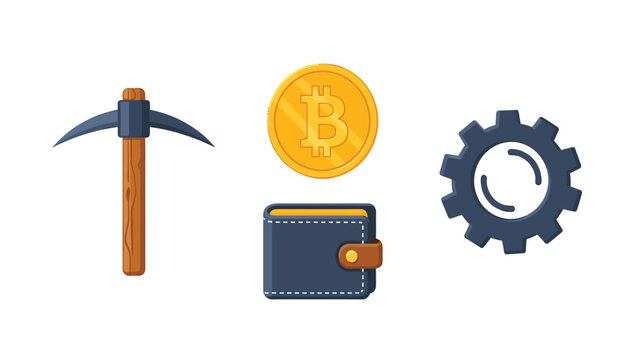 Cryptocurrency Icons Set: Bitcoin, Mining Pickaxe, Digital Wallet, and Technology Gear