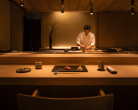 Professional chef preparing sushi in luxury Japanese restaurant