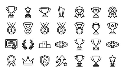 Awards and trophies line icons set with trophy cup medals certificate laurel wreath outline vector illustration isolated © Mohammad