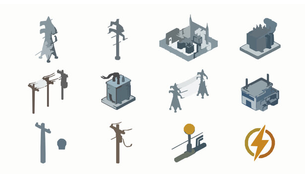 Isometric power grid and electricity infrastructure icons set with transformer station pylon tower vector illustration isolated