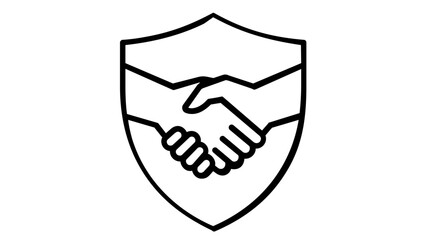 Obraz premium Professional Fiduciary Duty vector icon illustration showing a handshake inside a shield. Minimalist black line art for business trust, legal protection, partnership, and secure agreement.
