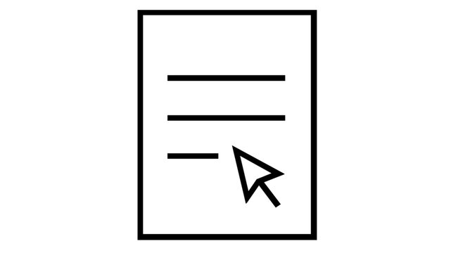 Minimalist vector icon illustration of a digital document or form with horizontal text lines and a mouse cursor pointer, representing online registration, data entry, or electronic filing.