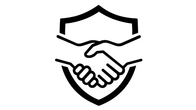 Professional handshake with shield vector icon illustration representing fiduciary duty, trust, security, legal protection, and business partnership agreement in a clean line art style.