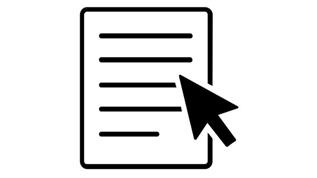 Minimalist vector icon illustration of a digital document with lines and a mouse cursor arrow, ideal for representing online forms, data entry, electronic filing, and web interface navigation.