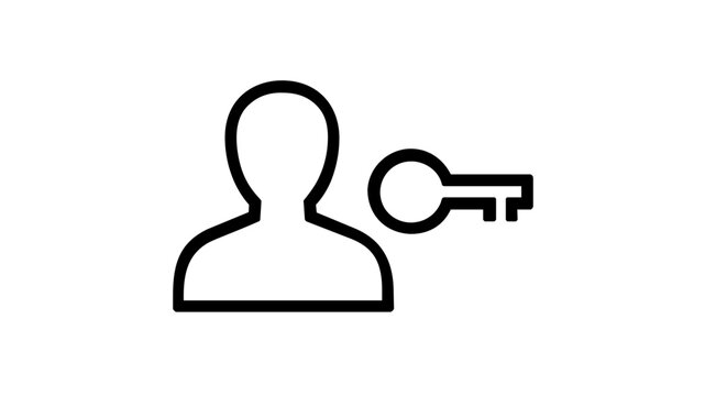 Identity management and user authentication vector icon illustration featuring a clean black line art silhouette of a person next to a key symbol for security, access control, and privacy.