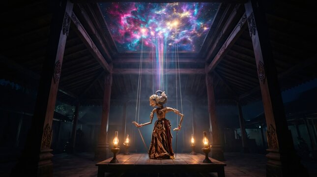 Wayang Kulit puppet controlled by celestial cosmic strings from a galaxy ceiling in pavilion