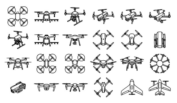Drone technology linear outline icons set showing quadcopters delivery drones agricultural sprayers airplanes and remote aerial surveillance hardware vector