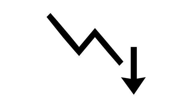 Minimalist vector icon illustration of a downward stock market trend line and falling arrow, symbolizing short selling, financial loss, economic recession, and bearish market trading behavior.