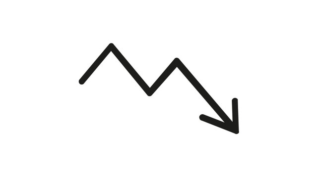 Minimalist vector icon illustration of a downward zigzag arrow representing stock market decline, short selling, financial loss, and bearish economic trends in a clean black line art style.