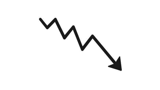 Minimalist vector illustration of a black downward zigzag arrow symbolizing financial loss, stock market crash, economic decline, or short selling. Clean flat icon for business and trading.