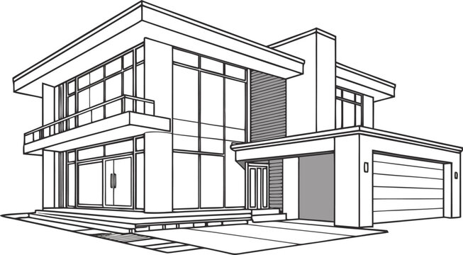 Contemporary two story house C A D elevation with sloped roof and large windows contemporary house