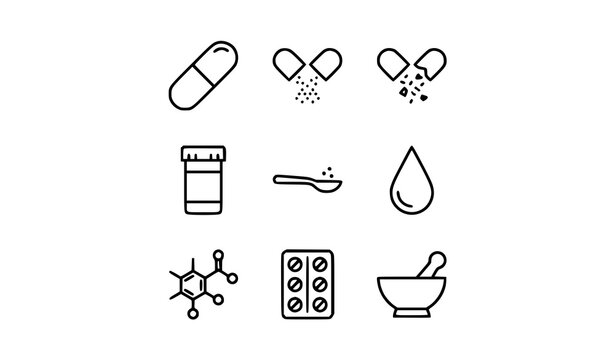 Medical pharmacy line icon set featuring capsule open pills prescription bottle medicine spoon syrup droplet molecule and mortar pestle