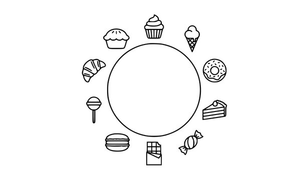 Sweet dessert line icon circle frame featuring cupcake ice cream donut cake candy chocolate bar macaron lollipop and croissant