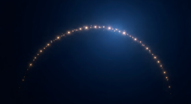 Abstract arc of glowing golden stardust particles on a dark blue background