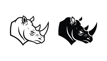 Set of rhinoceros head profile icons in minimalist line art and solid black silhouette styles for wildlife conservation branding and design projects © Minimalist